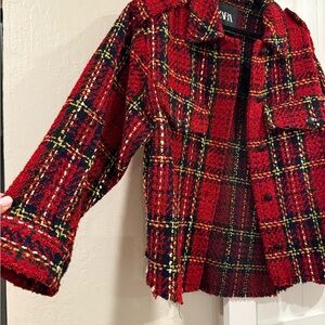 ZARA Red Plaid Tweed Blazer with Black and Yellow Accents
